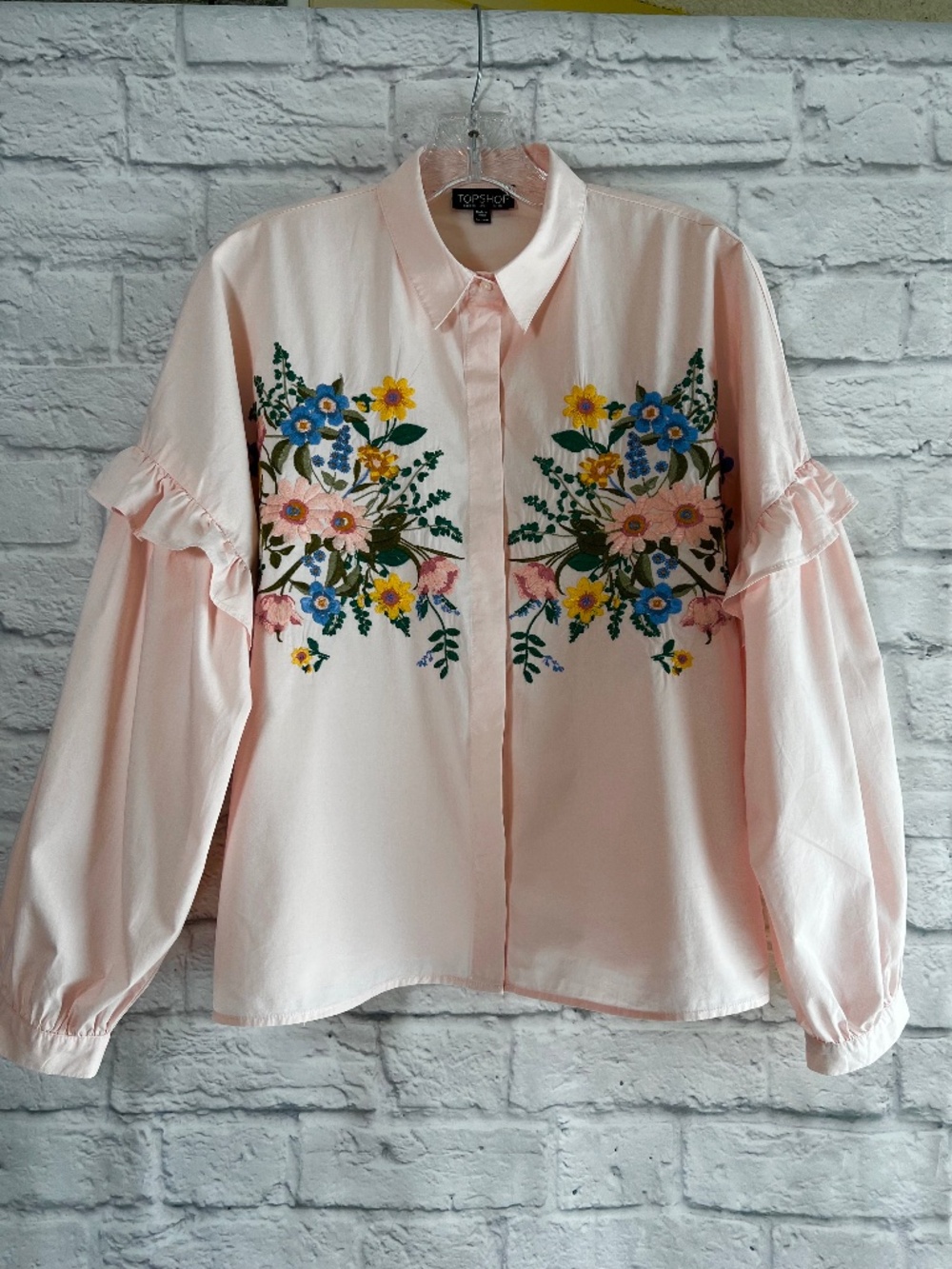 Topshop Pale Pink Embroidered Floral Cottagecore Button-Down Shirt Size 6